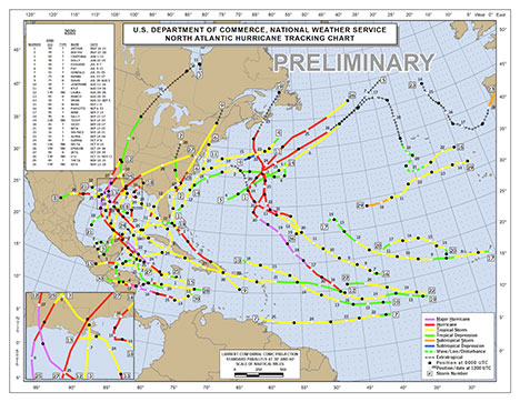NOAA Atlantic Hurricane Season Preliminary Tracking Map