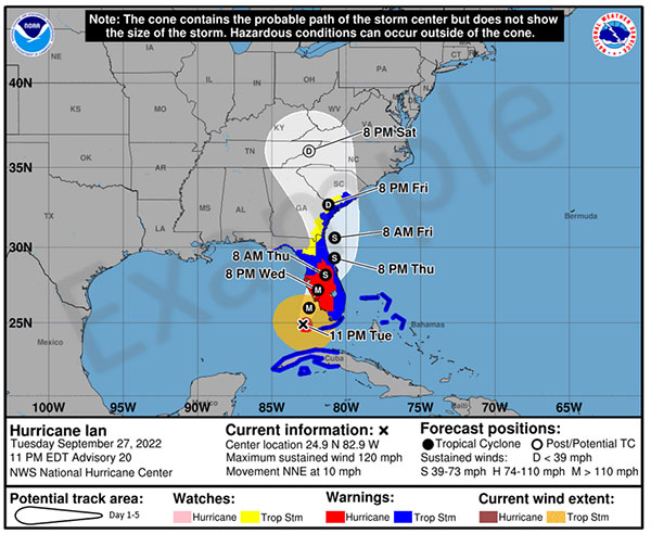 Example of new experimental forecast cone with inland advisories included, beginning August, 2024