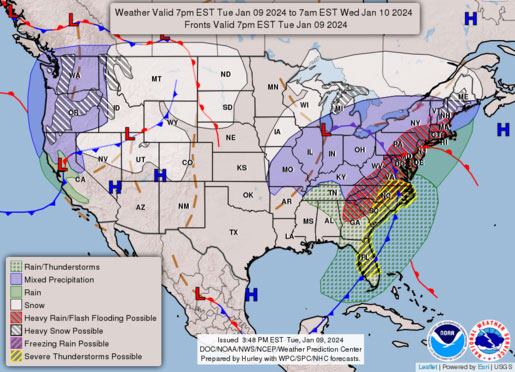 NWS Weather Prediction Center: Surface map showing the low-pressure center