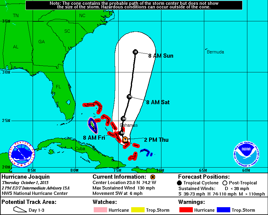 Hurricane Joaquin was a Category 4 hurricane with maximum sustained winds of 130 mph when its path intersected that of El Faro on October 1, 2015