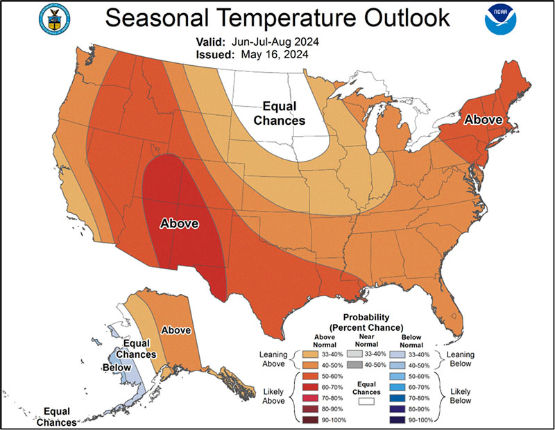 Seasonal Temperature Outlook for June through August, NOAA NWS Climate Prediction Center, issued May 16th, 2024.