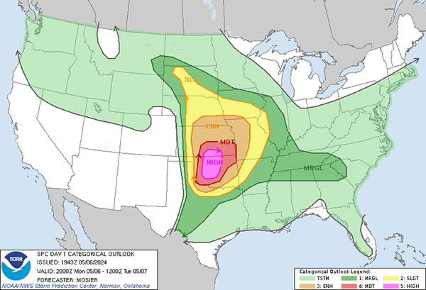SPC Day 1 Categorical Outlook for May 6th, 2024 with rare High Risk area