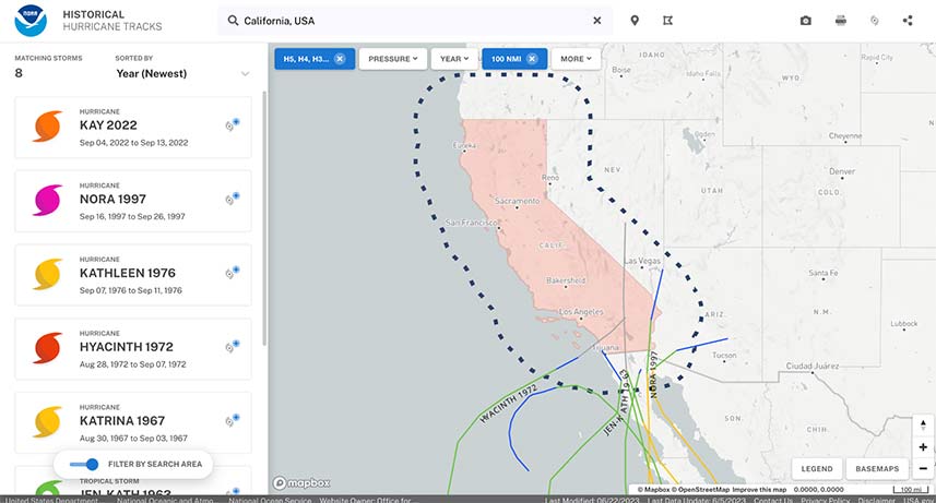 All tropical cyclones of tropical storm strength or greater within 100 nautical miles of California since 1951