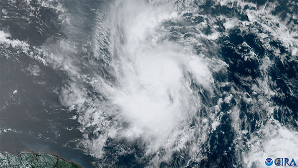 Visible satellite loop of Tropical Storm Beryl becoming category 4 Hurricane Beryl