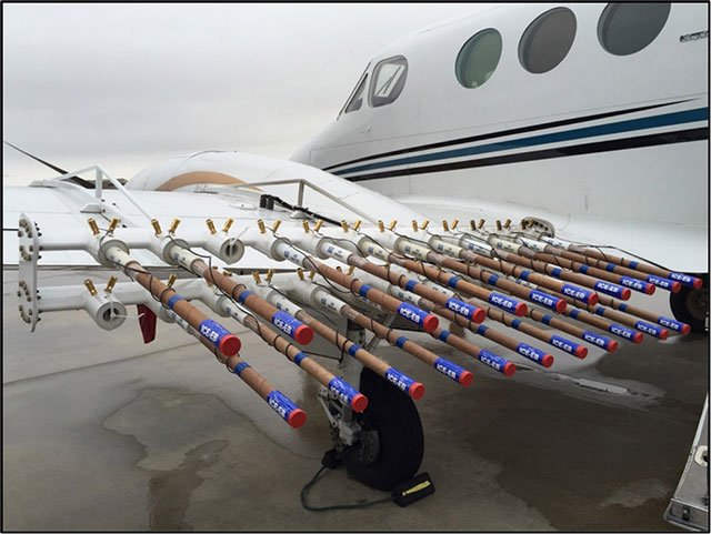 Aircraft equipped with silver iodide flares for aerial cloud seeding