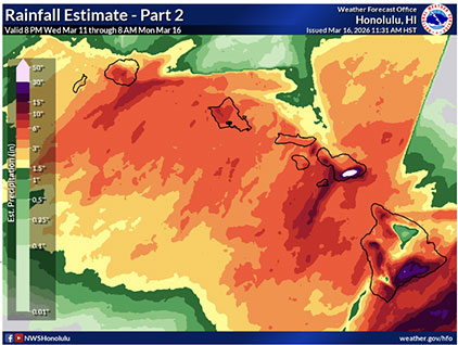National Weather Service rainfall estimates across the Hawaii Islands March 11-16