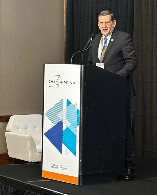 Rick Shema speaking about AI and maritime weather at the CMA Shipping Conference in Stamford, CT, in April 2025