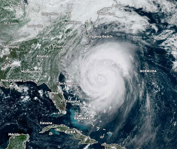 Category 2 Hurricane Erin near the U.S. East Coast on 20 August 2025