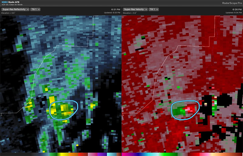 A strong velocity couplet within California’s Park Fire on Doppler Radar