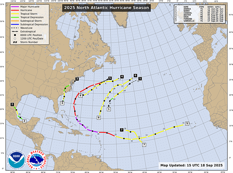 Visual summary of all tropical cyclones in the Atlantic Basin during the 2025 season so far, NOAA National Hurricane Center.